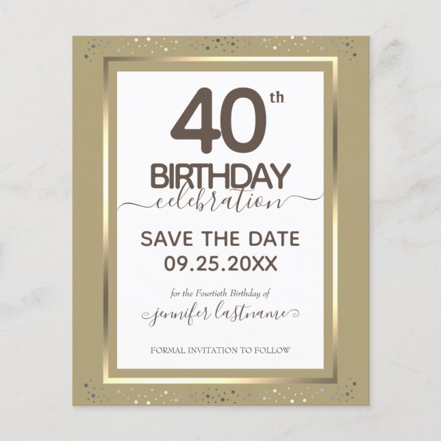 40th Birthday Save the Date Budget Invitation (Front)