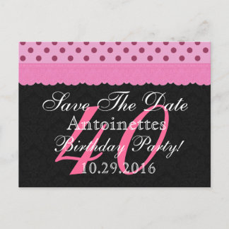 40th Birthday Save the Date Pink and Black Lace Announcement Postcard