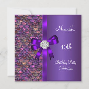 40th Birthday Sequins Pink Purple Diamond Bow Invitation