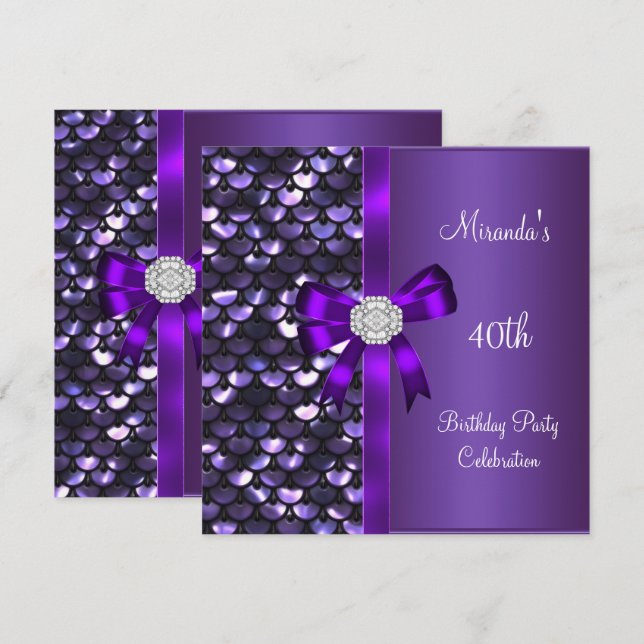 40th Birthday Sequins Purple Diamond Bow Invitation (Front/Back)