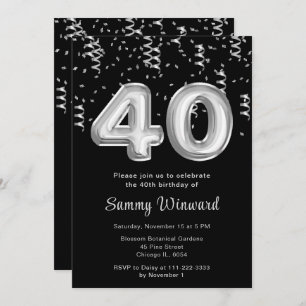 40th Birthday Silver Balloons with Confetti Invitation