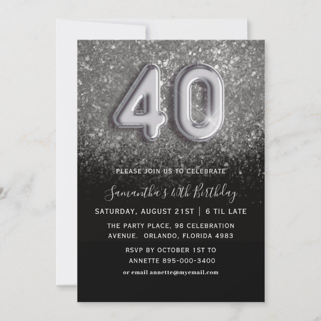 40th Birthday Silver & Black Glitter Party Invitation (Front)