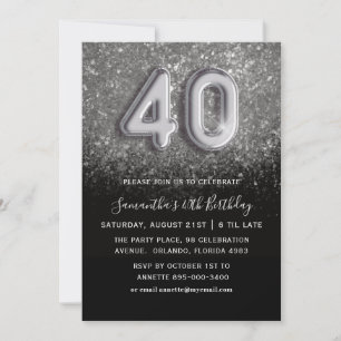 40th Birthday Silver & Black Glitter Party Invitation