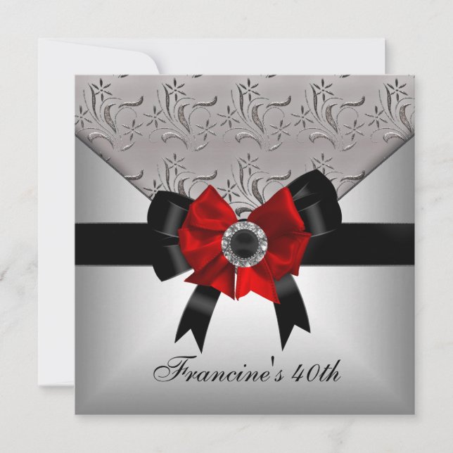 40th Birthday Silver Floral Black Red Bow Jewel Invitation (Front)