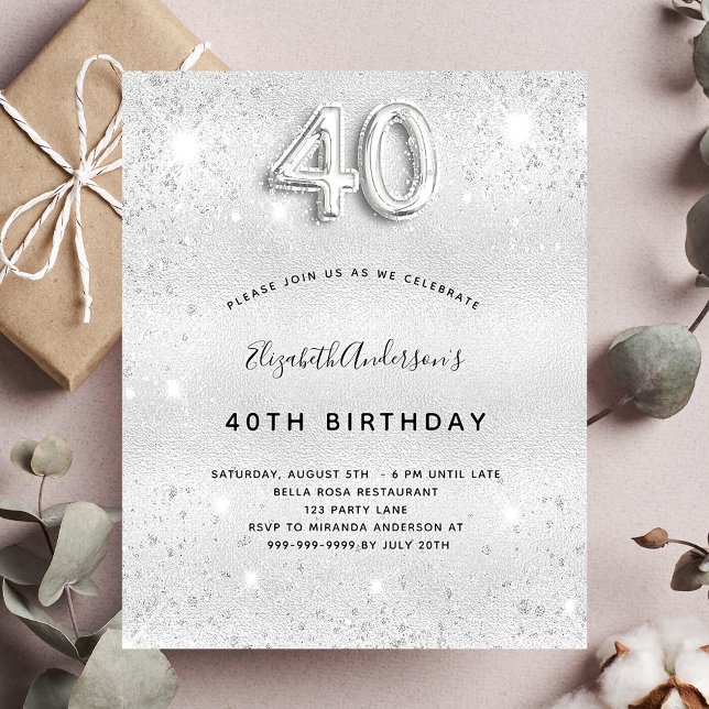 40th birthday silver glitter budget invitation flyer (Creator Uploaded)