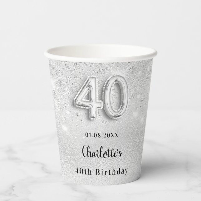40th birthday silver glitter name elegant paper cups (Back)