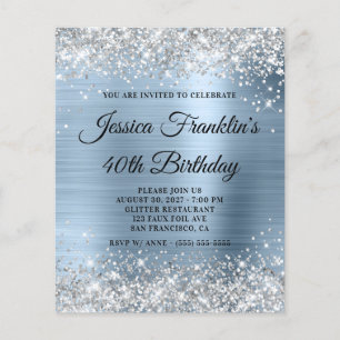 40th Birthday Silver Glitter Pale Blue Invite Flyer