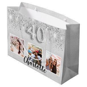 40th birthday silver glitter photo name large gift bag