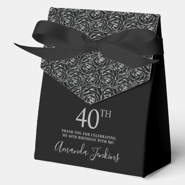 40th Birthday Silver Glitter Roses Thank You  Favour Box (Front)