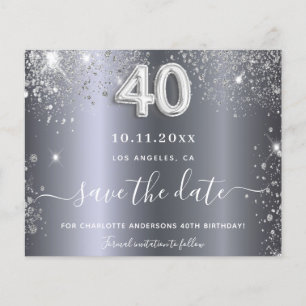 40th birthday silver glitter save the date card