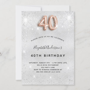 40th birthday silver gold glitter invitation