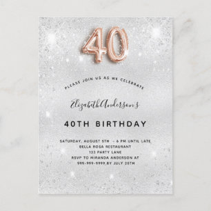 40th birthday silver gold glitter invitation postcard