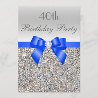 40th Birthday Silver Sequin Royal Blue Bow Diamond Invitation
