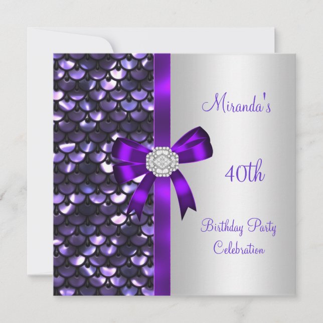 40th Birthday Silver Sequins Purple Diamond Bow Invitation (Front)