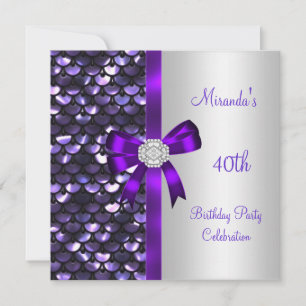 40th Birthday Silver Sequins Purple Diamond Bow Invitation
