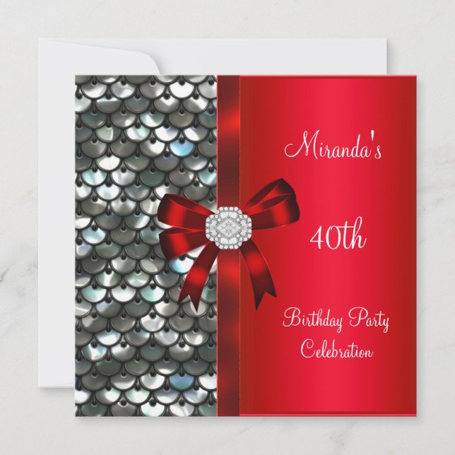 40th Birthday Silver Sequins Red Diamond Bow Invitation (Front)