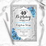 40th Birthday - Silver Stripes Icy Blue Roses Invitation<br><div class="desc">40th Birthday Invitation. Elegant floral design in silver and icy blue. Features faux glitter silver stripes,  turquoise roses stylish script font and confetti. Perfect for a glam birthday party.</div>