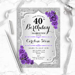 40th Birthday - Silver Stripes Purple Roses Invitation<br><div class="desc">40th Birthday Invitation. Elegant floral design in silver and purple. Features faux glitter silver stripes,  purple roses stylish script font and confetti. Perfect for a glam birthday party.</div>
