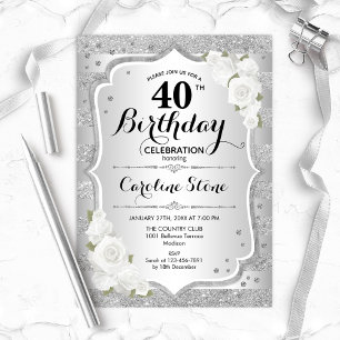 40th Birthday - Silver Stripes White Roses Invitation