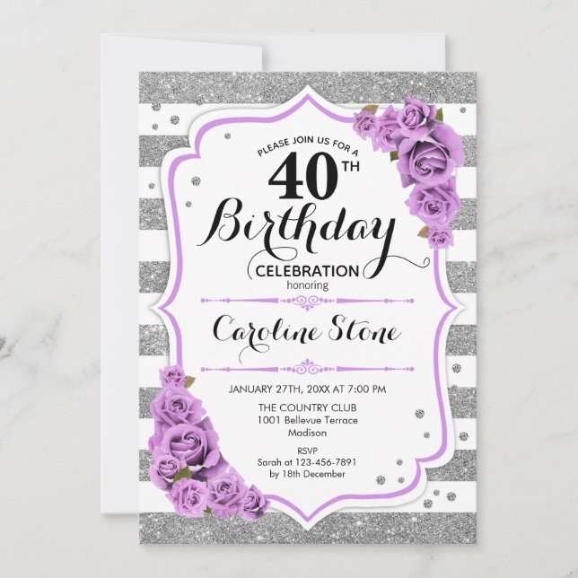 40th Birthday -  Silver White Stripes Purple Roses Invitation (Front)