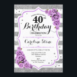 40th Birthday -  Silver White Stripes Purple Roses Invitation<br><div class="desc">40th Birthday Invitation
Elegant silver white lavender purple design with faux glitter. Silver and white stripes with purple lavender roses. Perfect for an elegant fortieth birthday party.</div>