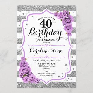 40th Birthday -  Silver White Stripes Purple Roses Invitation