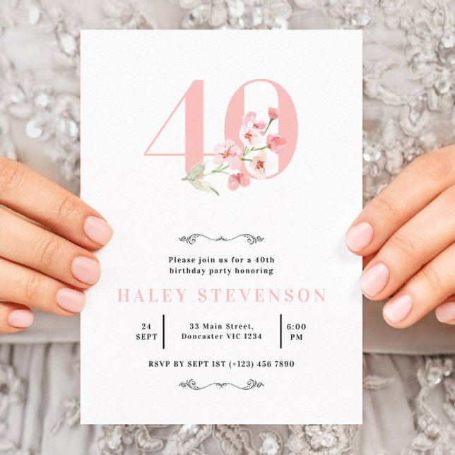 40th Birthday Simple Pink & White Floral Chic Invitation (Creator Uploaded)