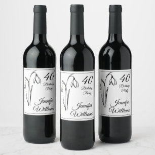 40th Birthday Snowdrop Floral Black And White Wine Label