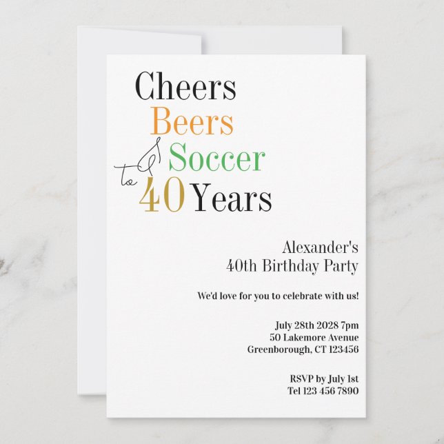40th Birthday Soccer Cheers Beers Minimal Party Invitation (Front)