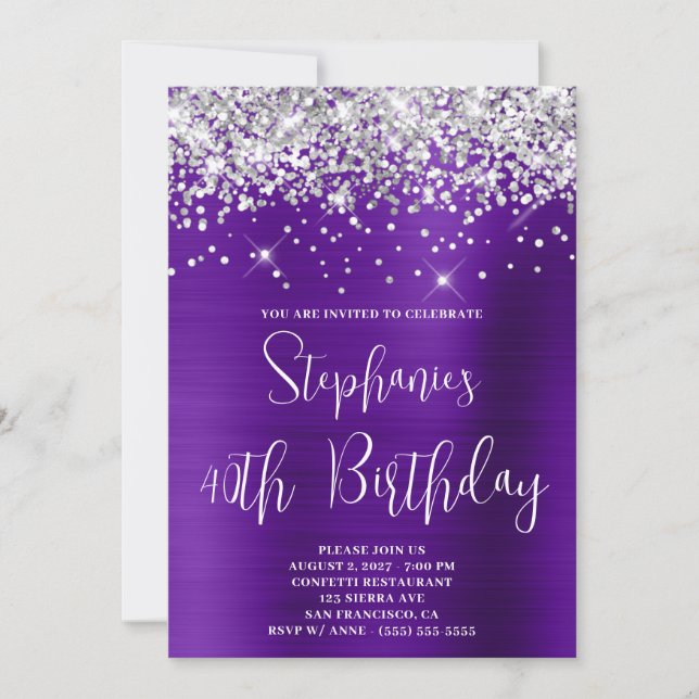 40th Birthday Sparkly Silver Glitter Purple Satin Invitation (Front)
