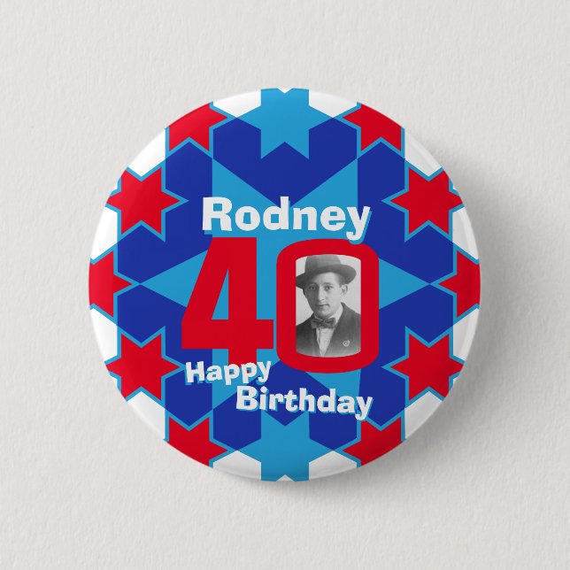 40th Birthday stars custom photo and name red blue 6 Cm Round Badge (Front)