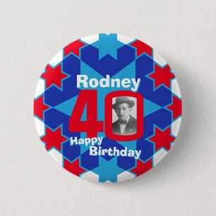 40th Birthday stars custom photo and name red blue 6 Cm Round Badge