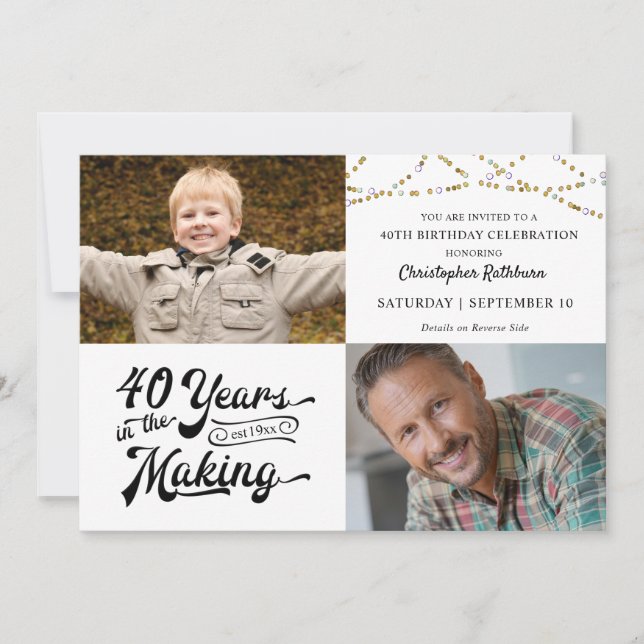 40th Birthday String Lights 2 Photos Typography Invitation (Front)