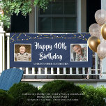 40th Birthday String Lights Name Blue Banner<br><div class="desc">Celebrate a 40th (or any age) birthday with this editable royal blue banner sign featuring two photos (perhaps Then and Now pictures) of him or her, the suggested title HAPPY 40TH BIRTHDAY in your choice of font styles and colours (shown in a brush stroke font in white), personalised with their...</div>