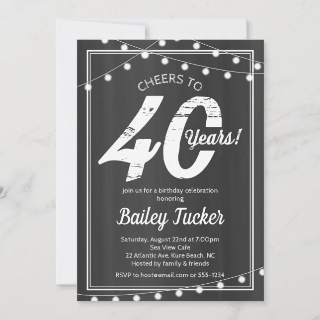 40th Birthday String Lights on Chalkboard Invitation (Front)
