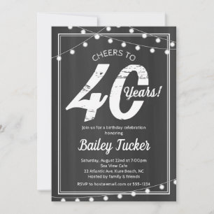 40th Birthday String Lights on Chalkboard Invitation