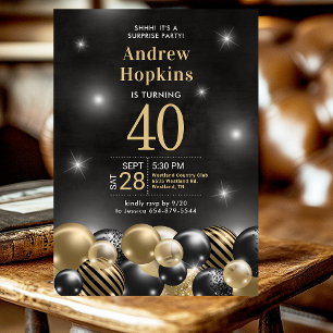 40th Birthday Surprise Party Black Gold Balloons Invitation