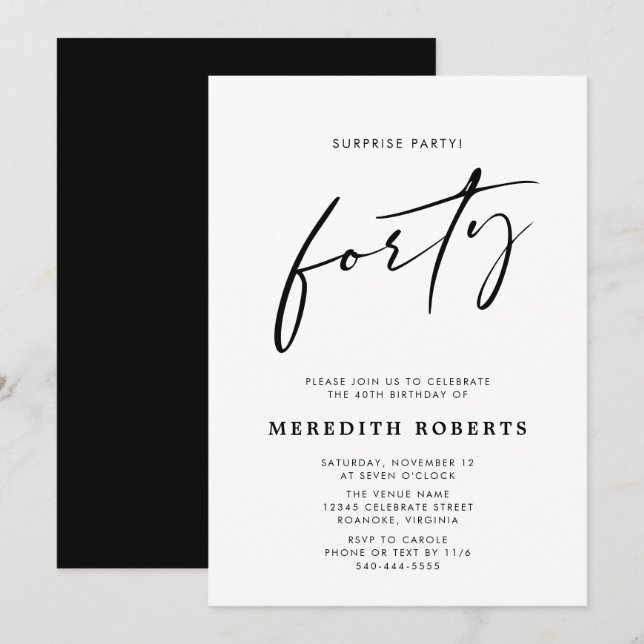 40th Birthday Surprise Party Chic Modern Script  Invitation (Front/Back)