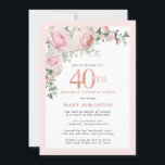 40th Birthday Surprise Party Pink Rose Floral Invitation<br><div class="desc">Honour a special woman with this elegant and feminine 40th Birthday surprise party invitation. 40th is written in large pink text. Birthday Surprise Party follows. The honoured guest's name is also in pink capital letters. Blush pink roses and sage green leaves create a beautiful floral spray at the top. While...</div>