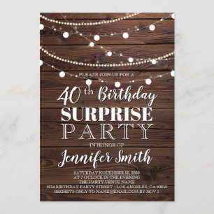 40th Birthday Surprise Rustic Wood String Lights Invitation