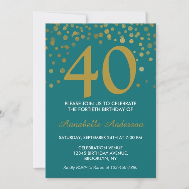 40th Birthday Teal Aqua Gold Modern Confetti Dots Invitation (Front)