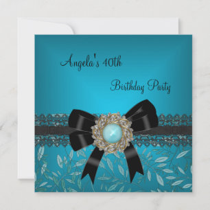 40th Birthday Teal Blue Floral Black Bow Jewel Invitation