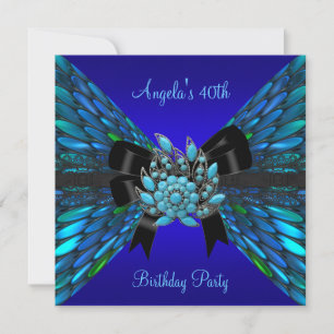 40th Birthday Teal Royal Blue Black Bow Jewel Invitation