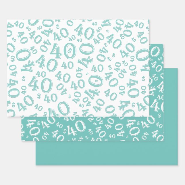 40th Birthday Teal & White Number Pattern 40 Wrapping Paper Sheet (Set)