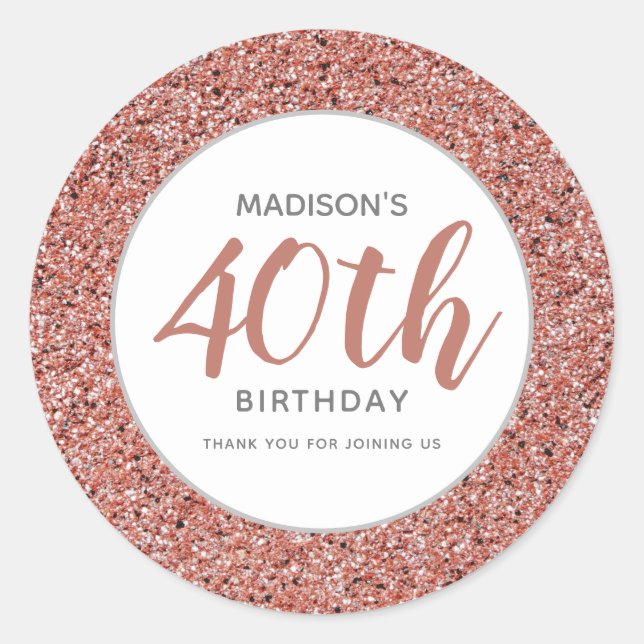 40th Birthday Thank You Pink Glitter Personalised Classic Round Sticker (Front)
