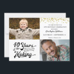 40th Birthday Then & Now Photos Gold Confetti Invitation<br><div class="desc">Invite your guests with this 40th birthday party invitation in black and gold with gold confetti featuring a retro typography design stating 40 YEARS IN THE MAKING which integrates their birth year within the design. Include THEN and NOW photos for a fun invitation. Party invitation details are on the back...</div>