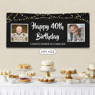 40th Birthday Then & Now Photos Lights Black Banner