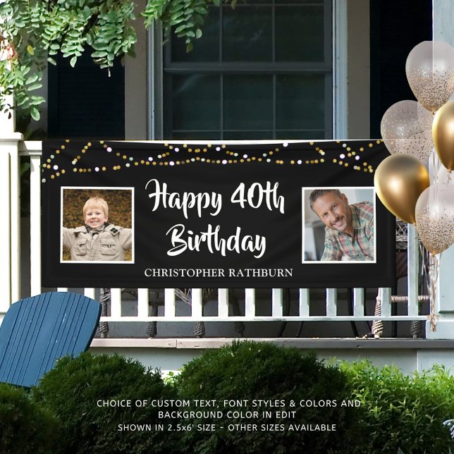 40th Birthday Then & Now Photos Lights Black Banner (Creator Uploaded)