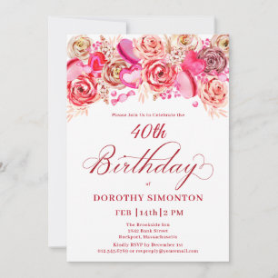 40th Birthday Valentine Pink Rose Swirly Heart Invitation