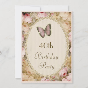 40th Birthday Vintage Roses Butterfly, Music Notes Invitation